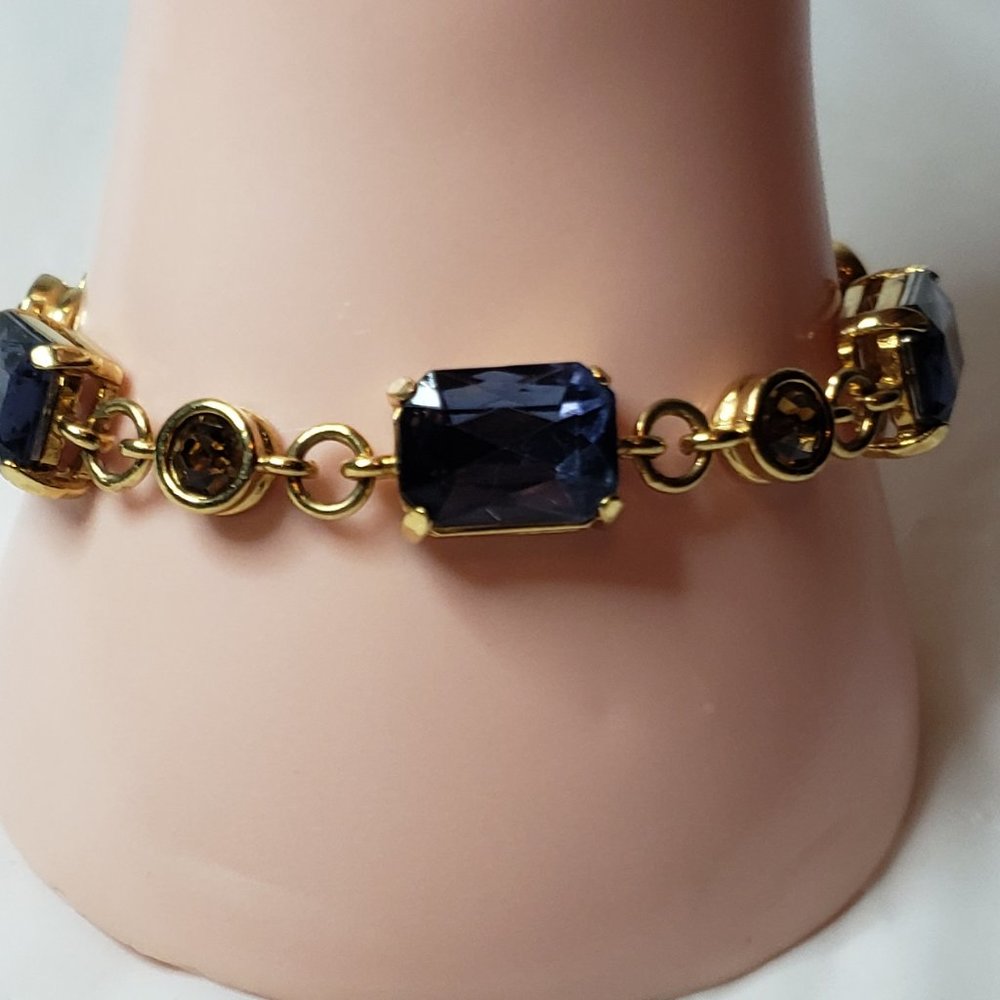 Gold tone Bracelet with Blue Topaz and Amber Rhinestones